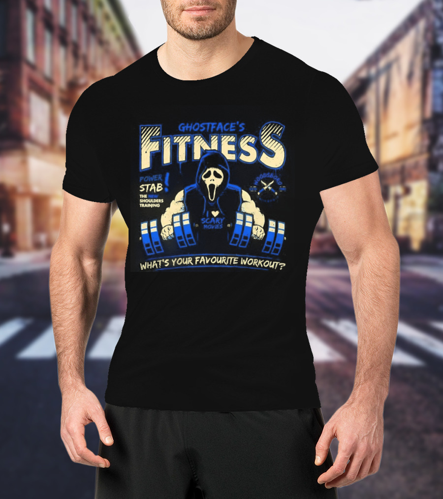 Ghostface Fitness What's Your Favorite Workout Power Stab Shoulder Training T-Shirt