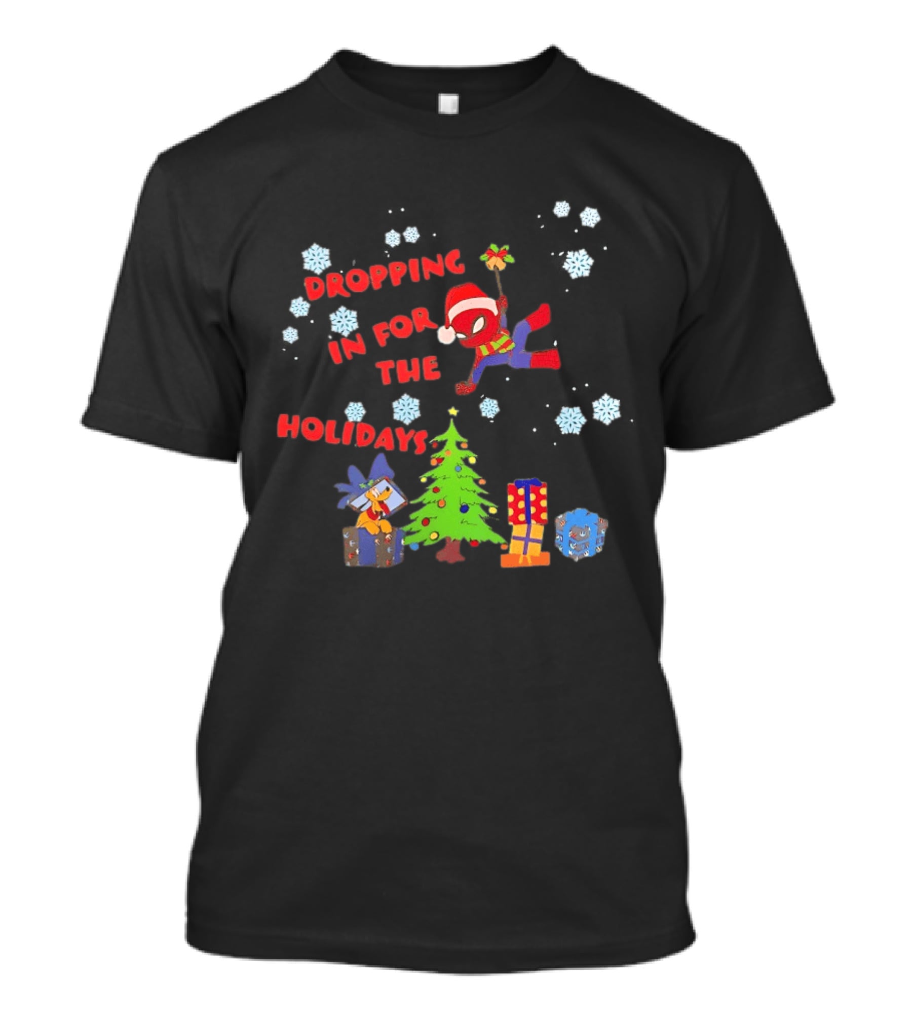 Spider Man Dropping In For The Holidays Christmas Tree Presents Snowflakes T-Shirt