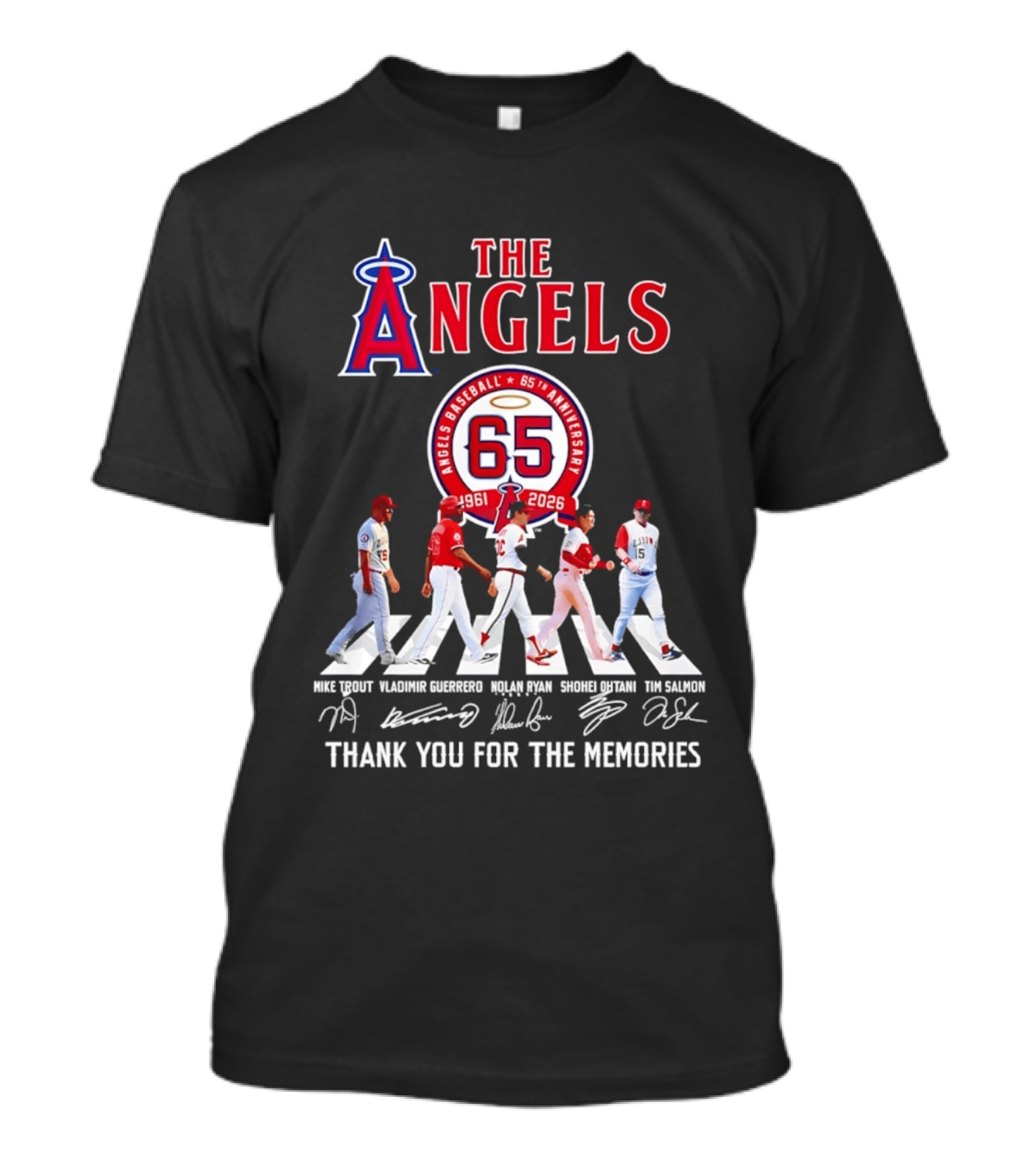 The Angels Baseball 65th Anniversary 1961 2026 Thank You For The Memories Mike Trout Vladimir Guerrero Nolan Ryan Shohei Ohtani Tim Salmon T-Shirt