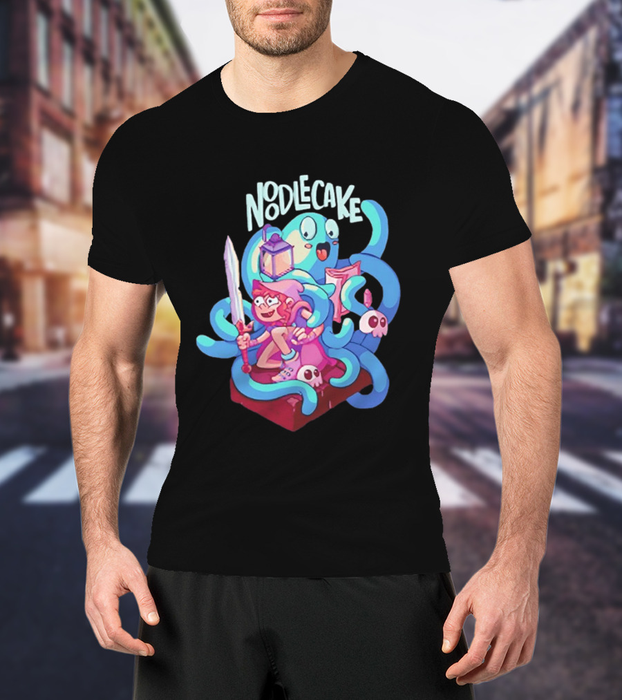 Noodlecake Cartoon Adventurer And Ghost With Sword And Skulls T-Shirt