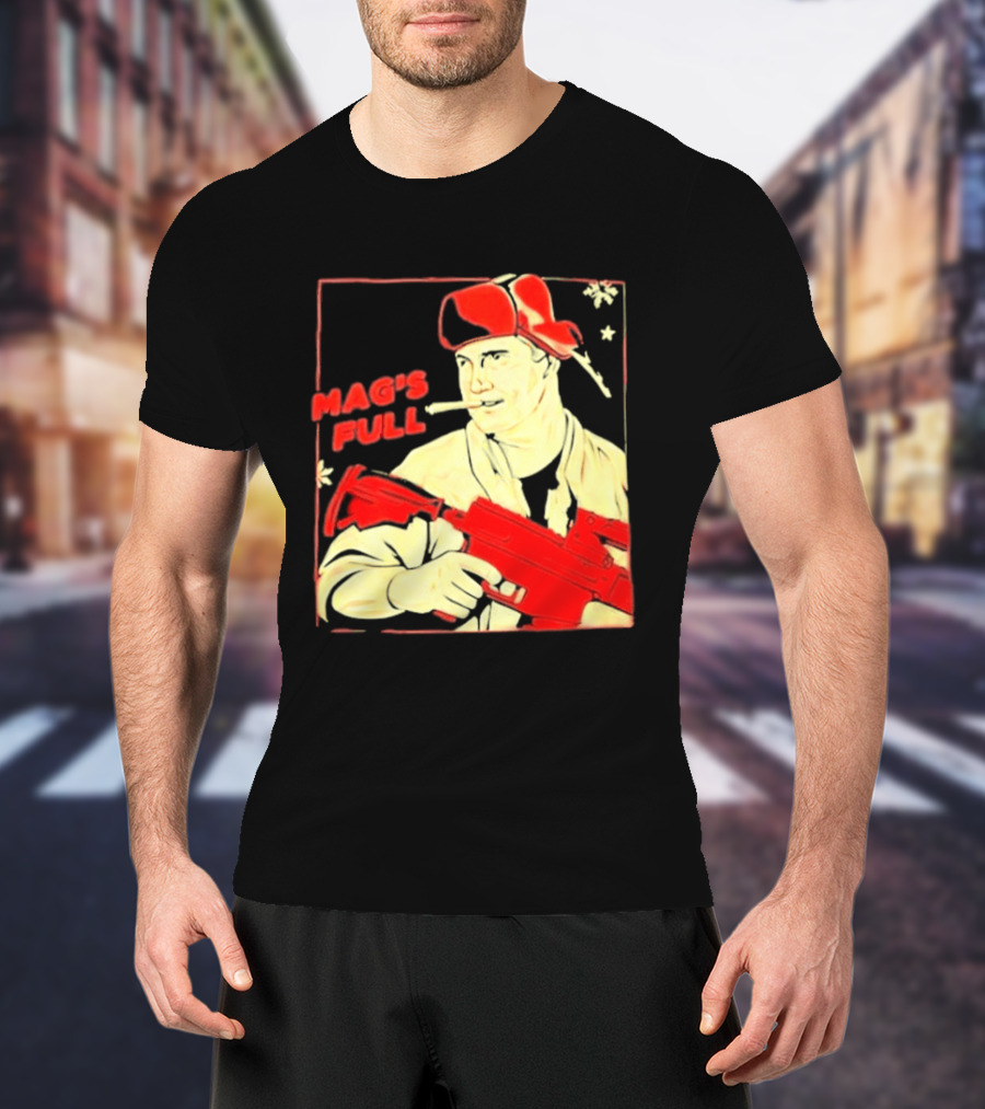 Mag's Full Armed Character With Red Cap And Gun T-Shirt