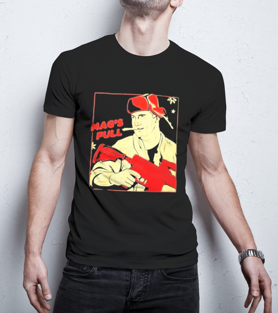 Mag's Full Armed Character With Red Cap And Gun T-Shirt