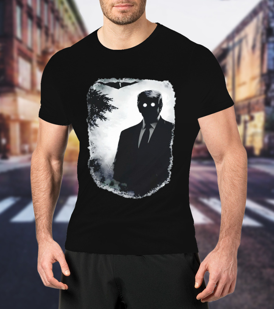 Dark Shadow Figure Mysterious Silhouette Trump Eerie Woods Cloaked Eyes T-Shirt