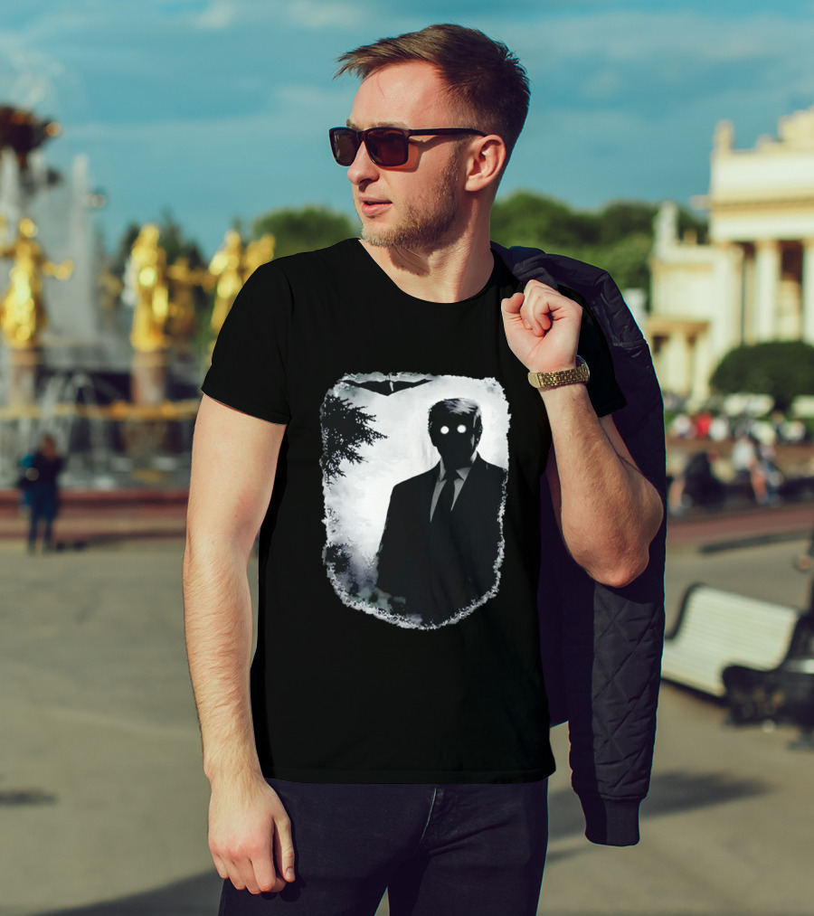 Dark Shadow Figure Mysterious Silhouette Trump Eerie Woods Cloaked Eyes T-Shirt