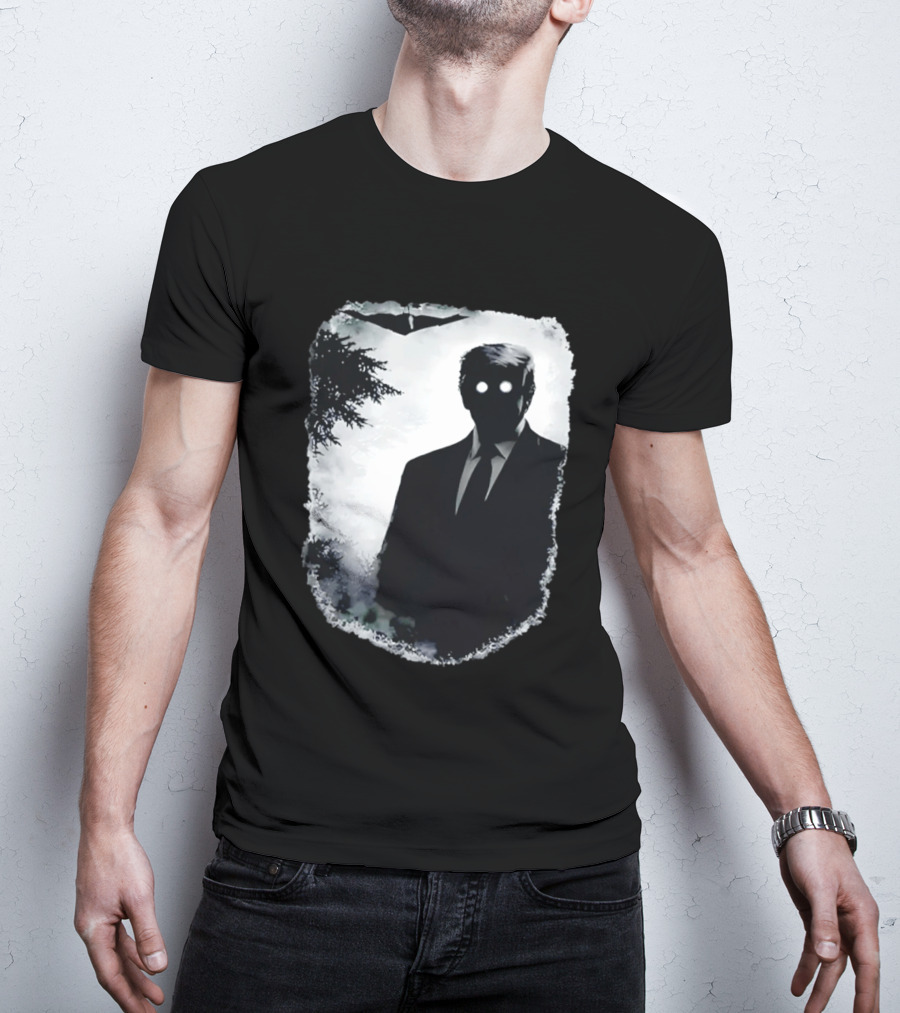 Dark Shadow Figure Mysterious Silhouette Trump Eerie Woods Cloaked Eyes T-Shirt