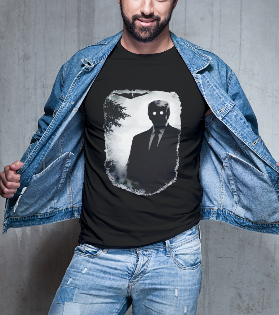 Dark Shadow Figure Mysterious Silhouette Trump Eerie Woods Cloaked Eyes T-Shirt