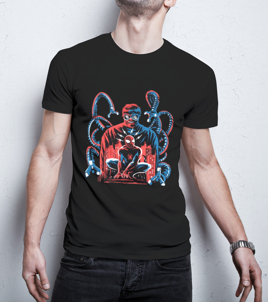 The Shadow Of The Octopus Spider Man And Doctor Octopus Cityscape Showdown T-Shirt