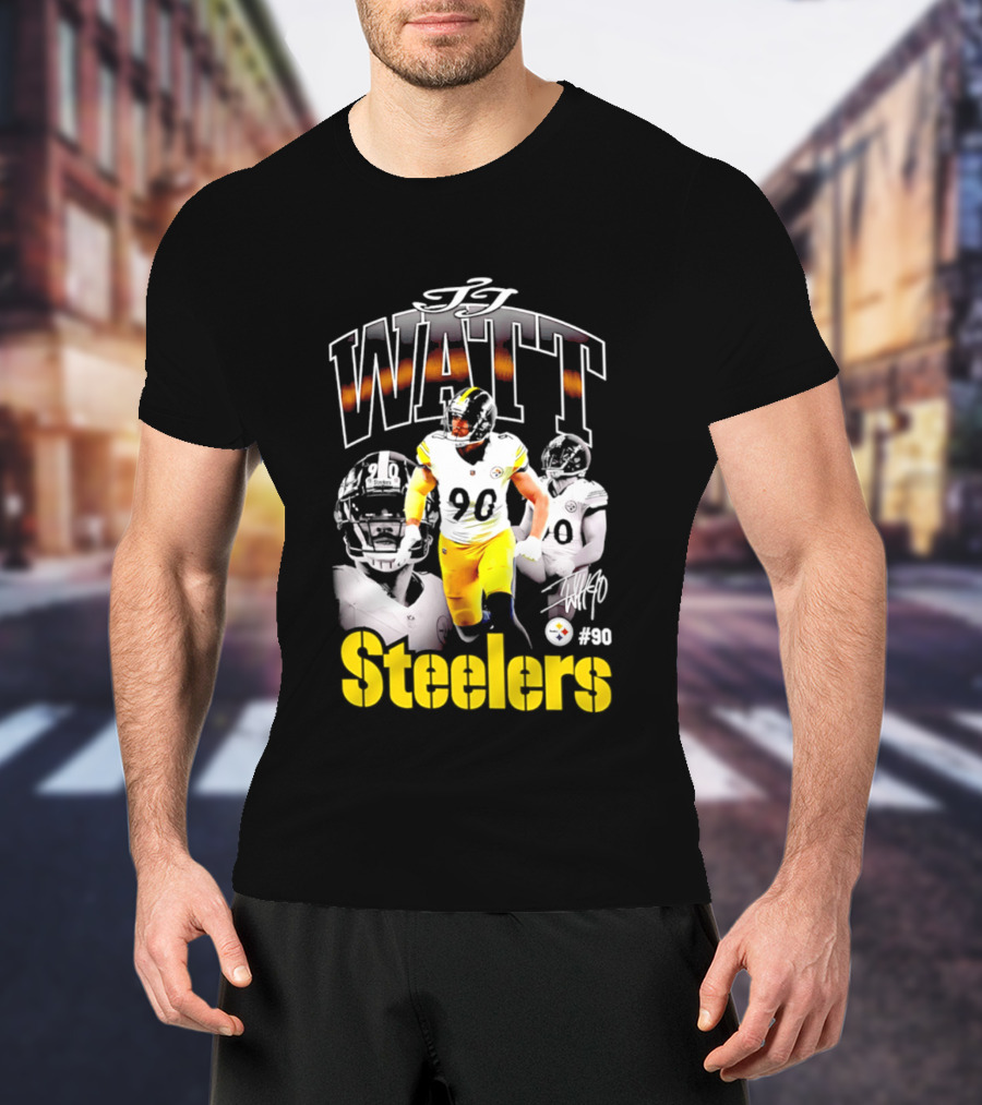 T.J. Watt Steelers #90 Triple Image With Signature T-Shirt