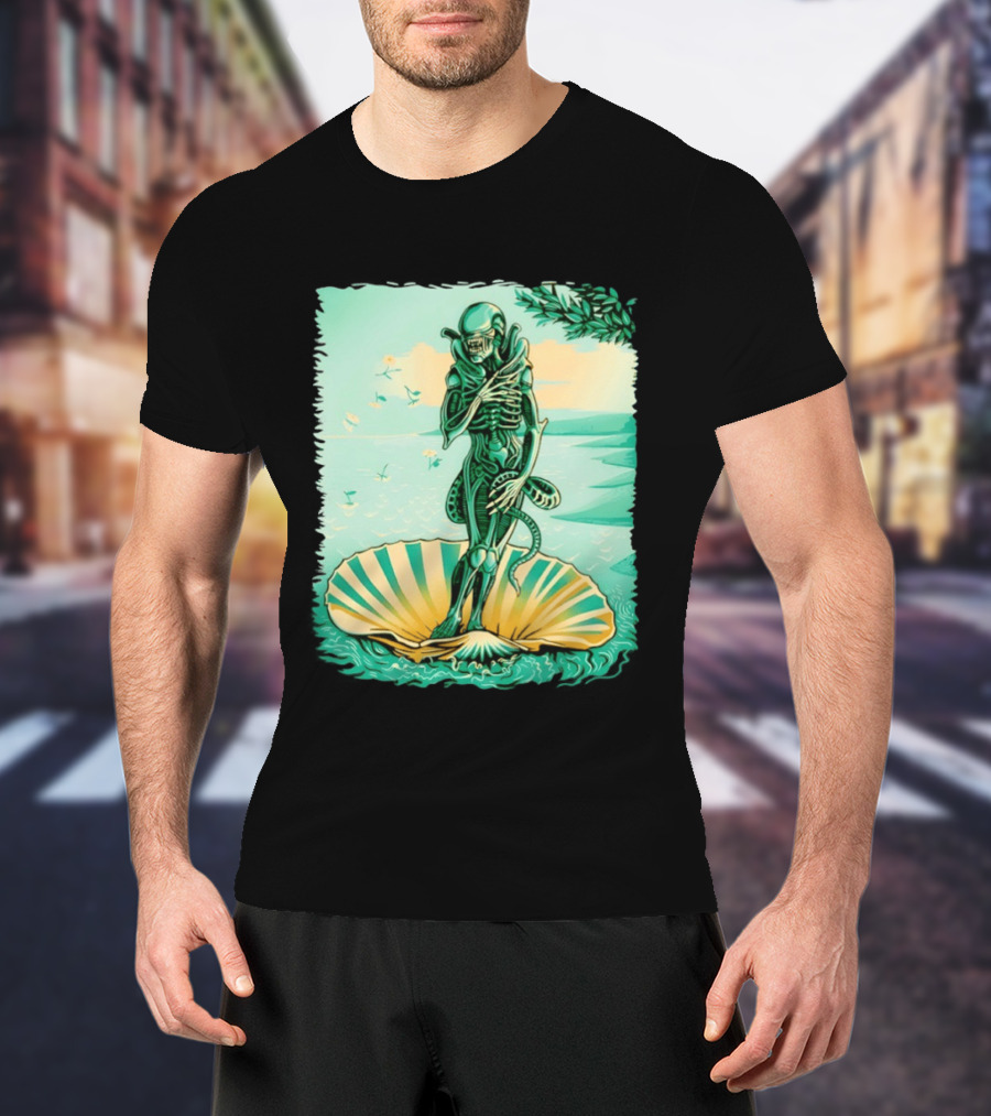 Alien Seated On Seashell The Birth Of Alienus Fusion Renaissance T-Shirt