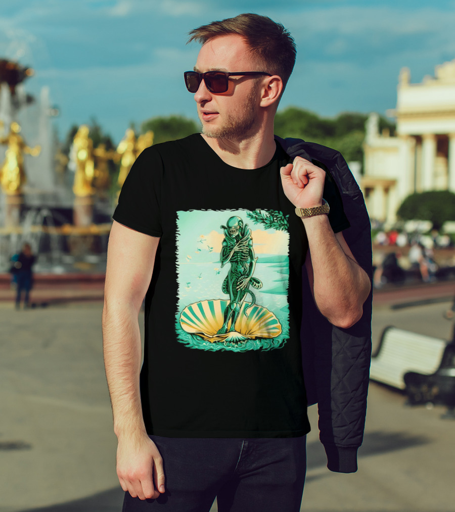 Alien Seated On Seashell The Birth Of Alienus Fusion Renaissance T-Shirt