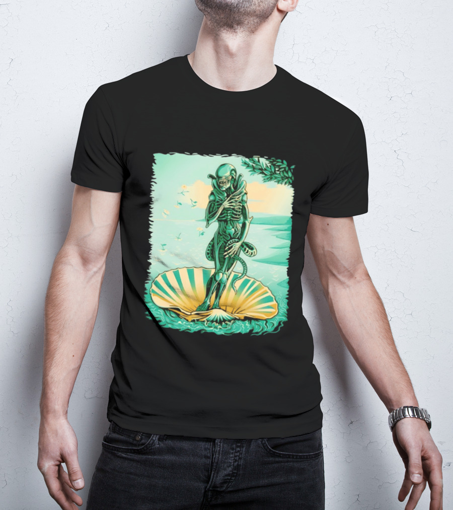 Alien Seated On Seashell The Birth Of Alienus Fusion Renaissance T-Shirt