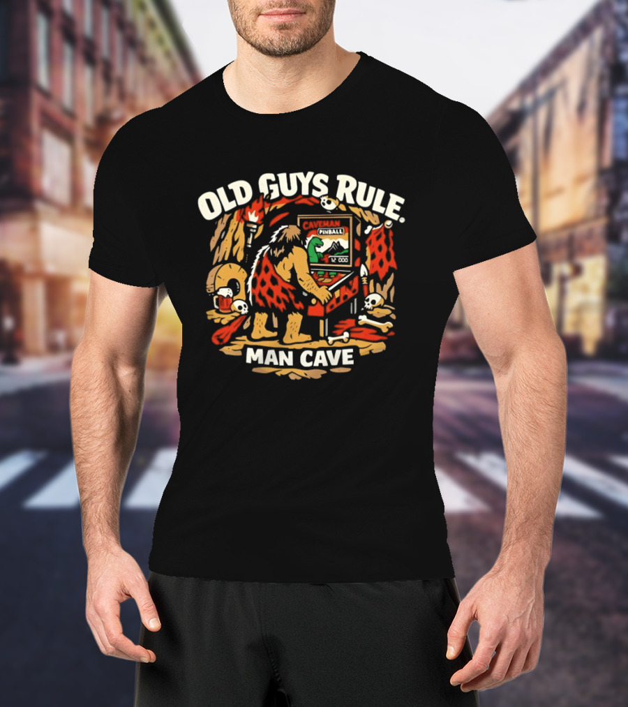 Old Guys Rule Man Cave Caveman Pinball Vintage Humor T-Shirt