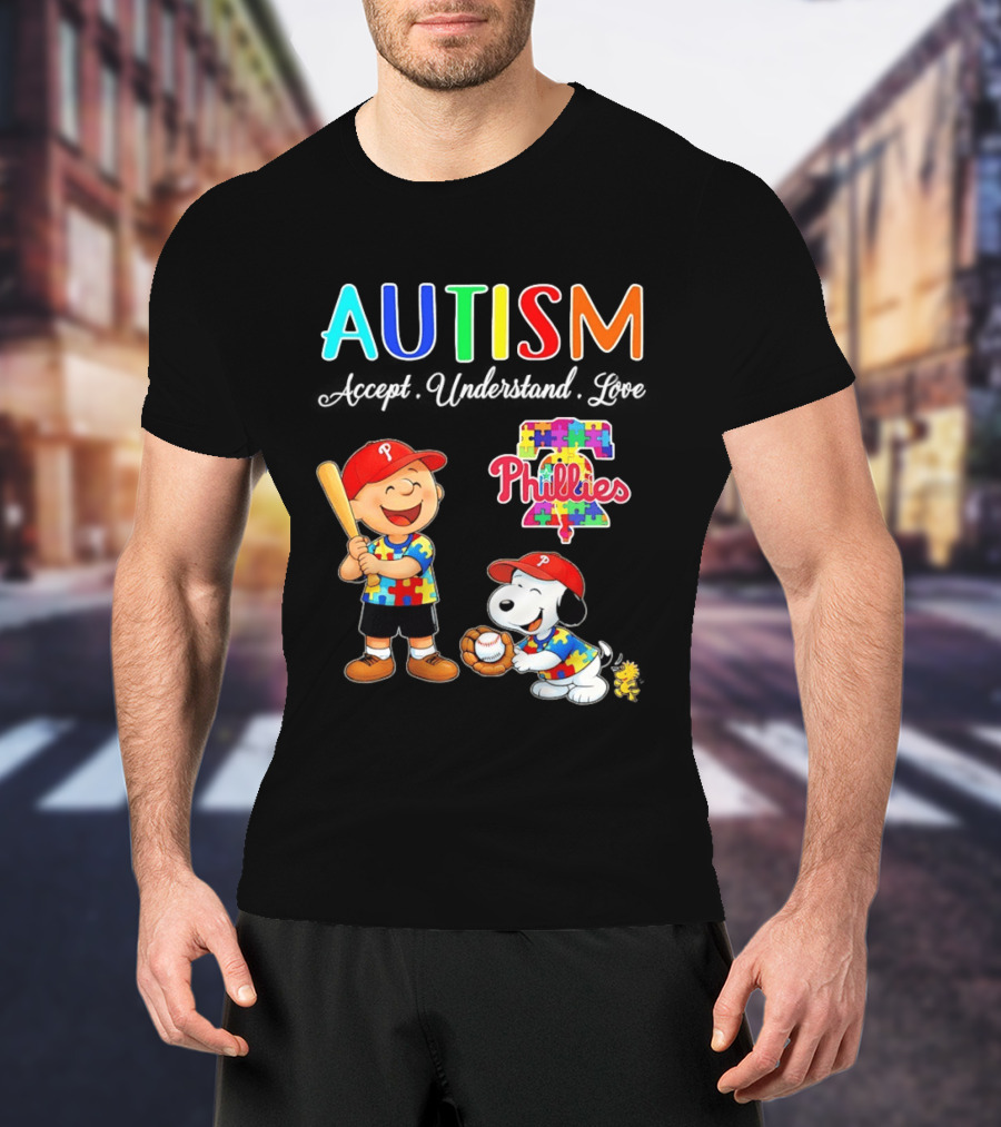 Charlie Brown Snoopy Philadelphia Phillies Autism Awareness Puzzle Piece Accept Understand Love T-Shirt