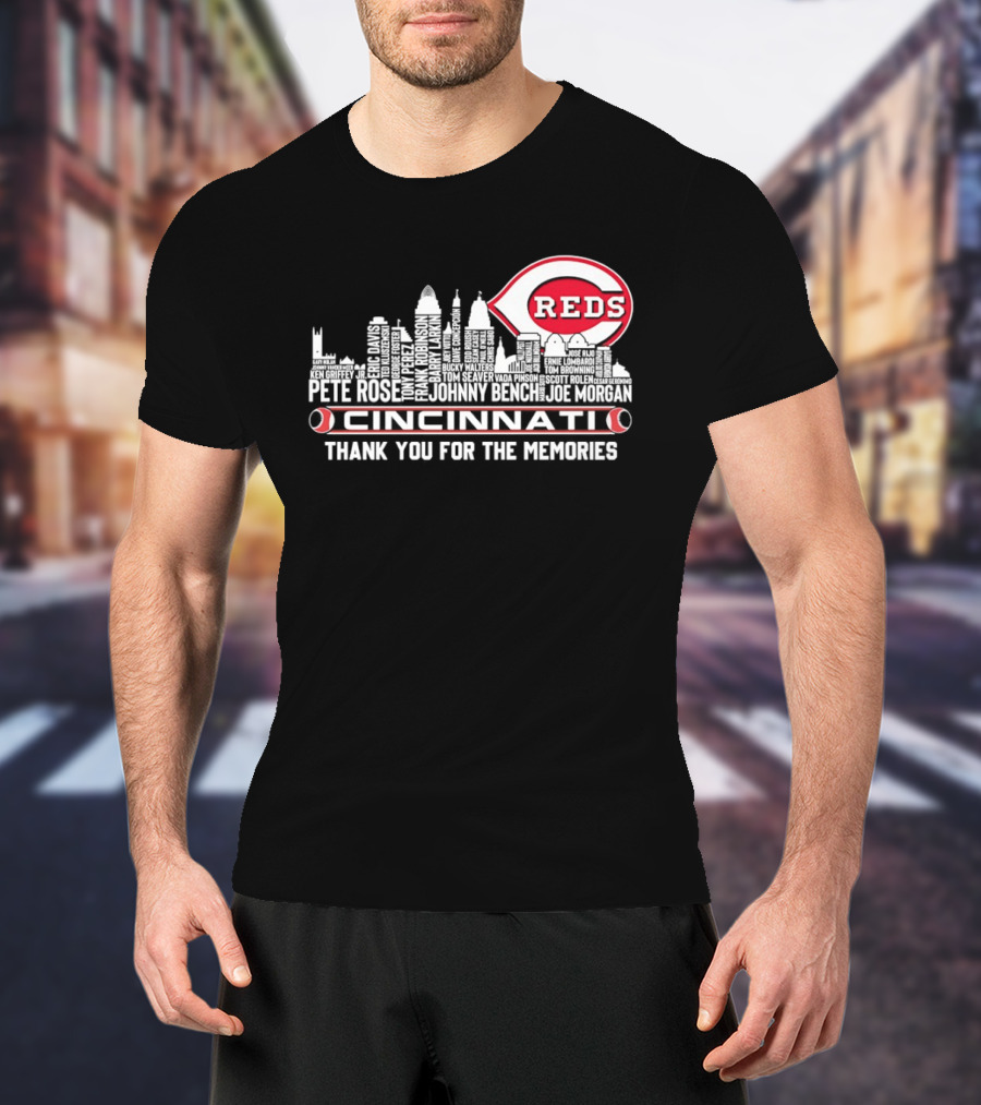 Cincinnati Reds Legends Skyline Thank You For The Memories T-Shirt