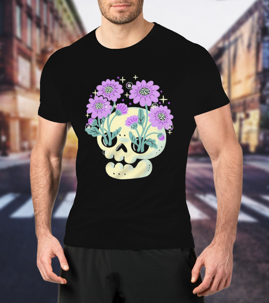 Skull With Purple Flowers And Stars Aesthetic T-Shirt