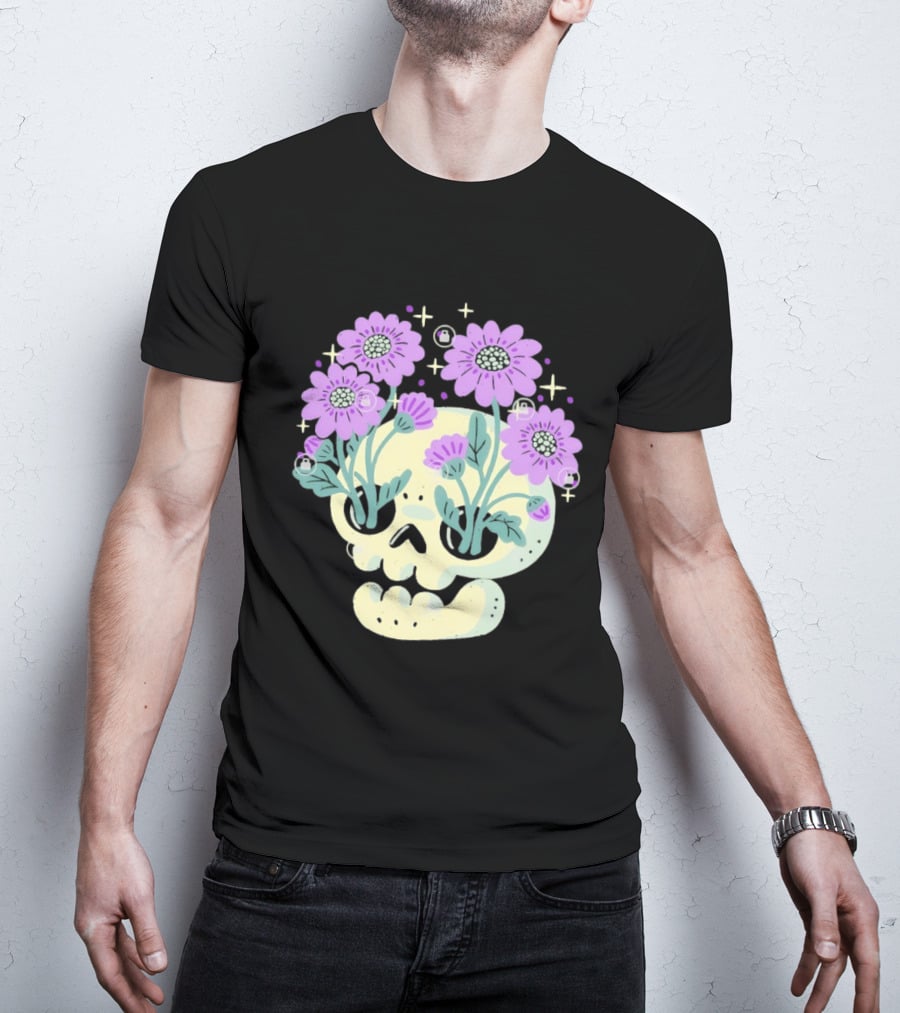 Skull With Purple Flowers And Stars Aesthetic T-Shirt