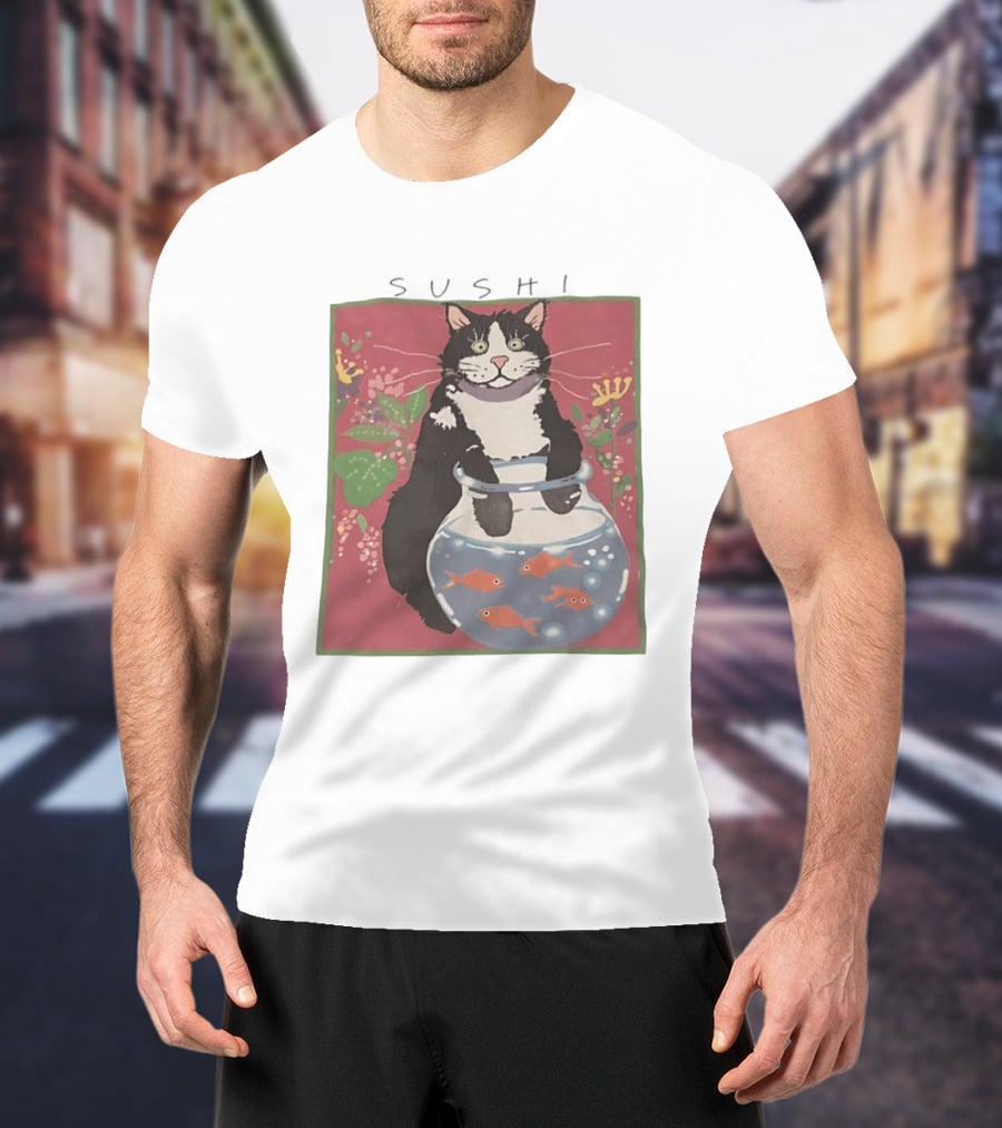 Sushi Cat Holding Fishbowl With Goldfish And Flowers T-Shirt