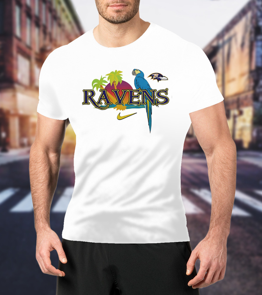 Baltimore Ravens Tropical Parrot Sunset Logo Nike T-Shirt