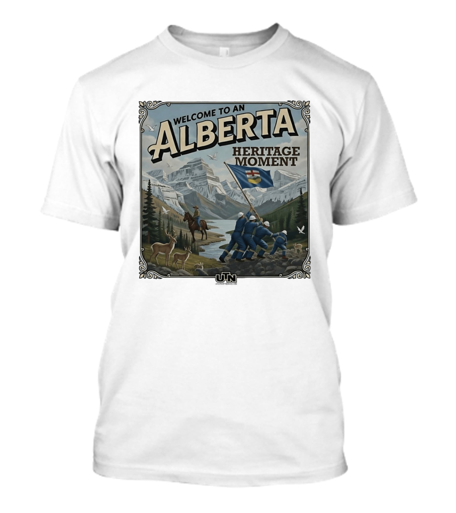 Welcome To An Alberta Heritage Moment Iwo Jima Inspired Rockies Scene T-Shirt
