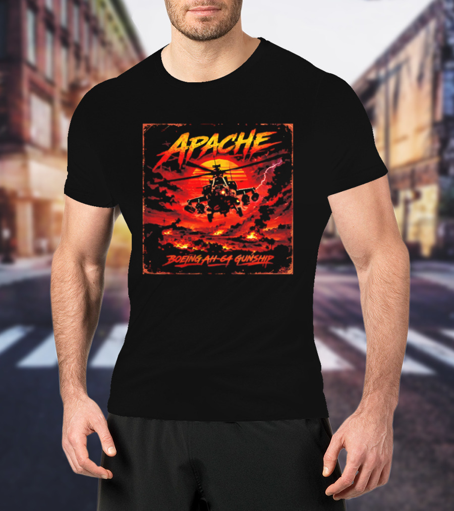 Apache Boeing AH 64 Gunship Sunset Storm Scene T-Shirt