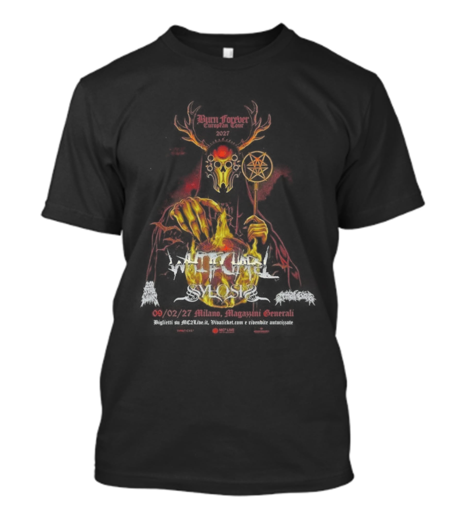 Whitechapel Burn Forever European Tour 2027 Schedule Tour Dates Demon Antlers Flames Cauldron Red Diamond Rod T-Shirt