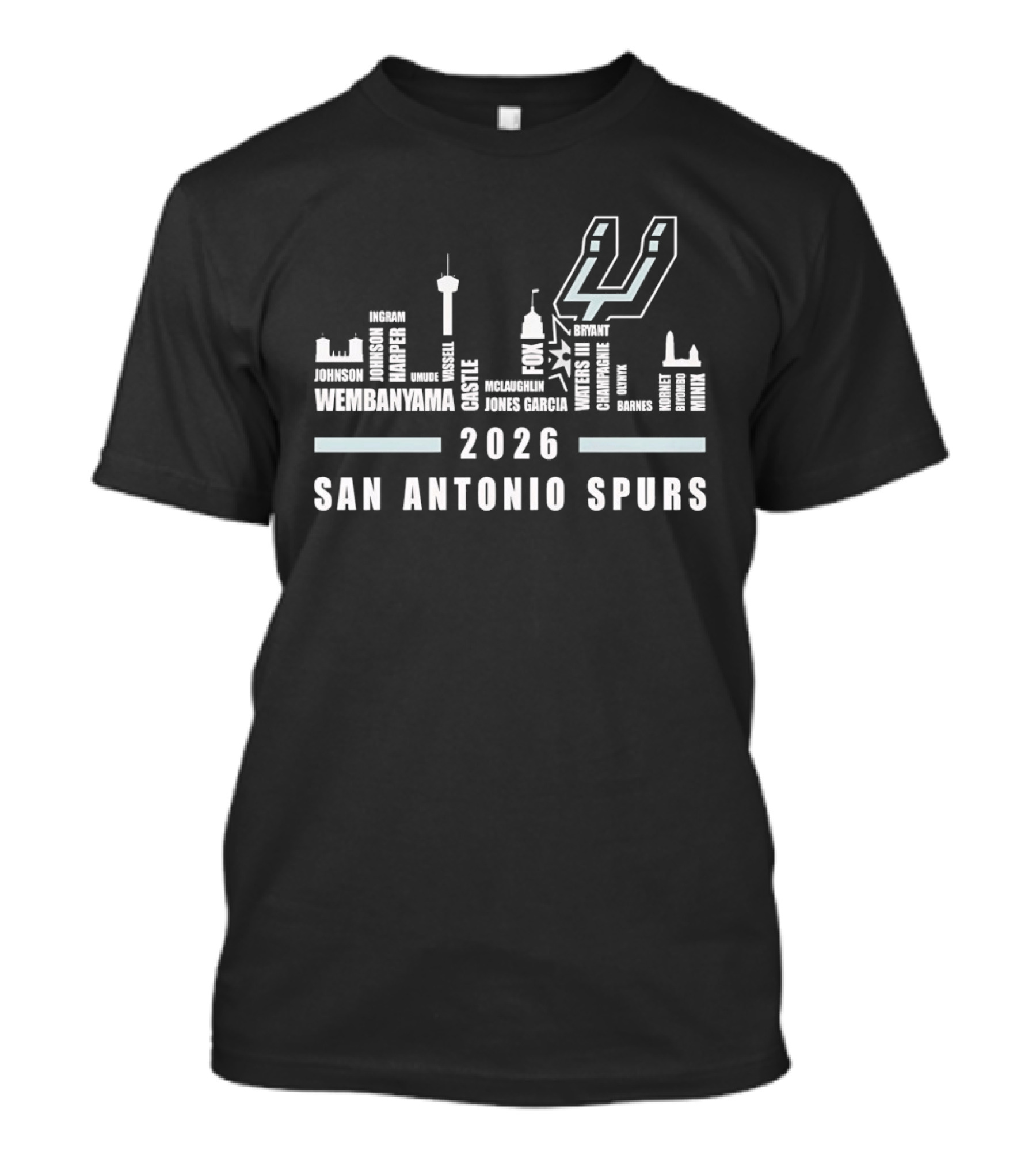 San Antonio Spurs Skyline 2026 Wembanyama Jones City Tower Needle Dome Names T-Shirt