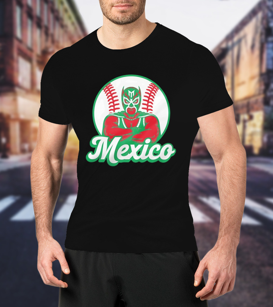Mexico Luchador Baseball Mask Icon With Arms Crossed In Front Of Baseball Stitch T-Shirt
