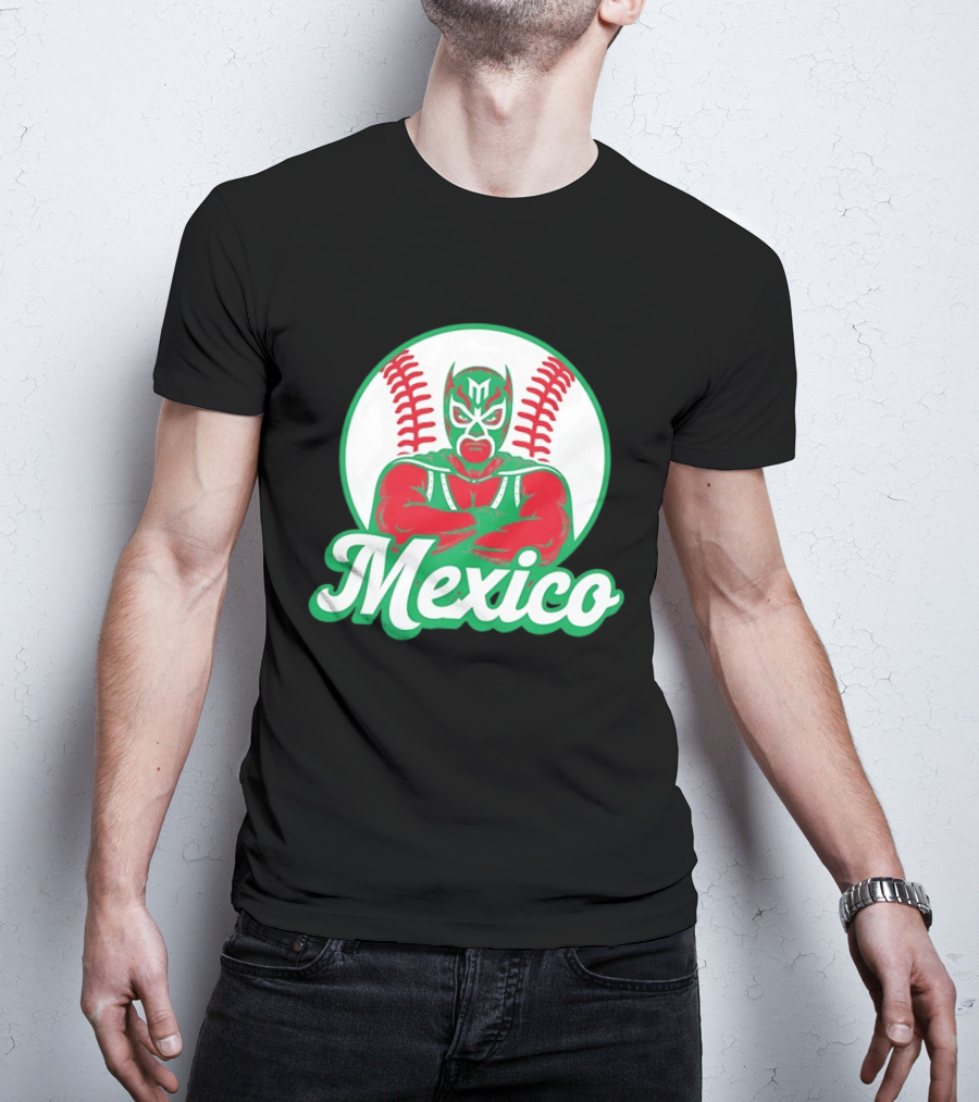 Mexico Luchador Baseball Mask Icon With Arms Crossed In Front Of Baseball Stitch T-Shirt