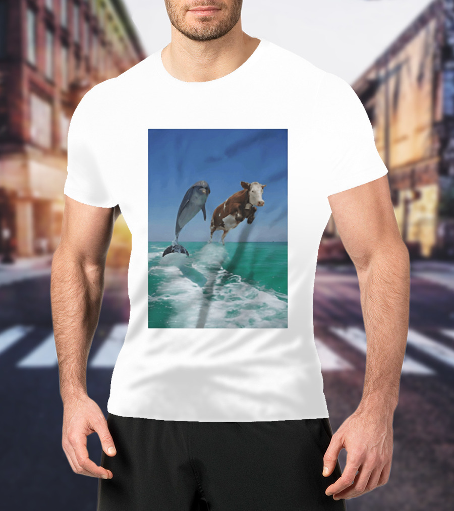 Cow And Dolphin Jumping Out Of Water Ocean Adventure T-Shirt