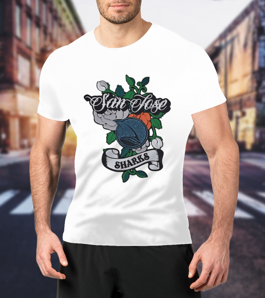 San Jose Sharks Floral Tattoo Style Team T-Shirt