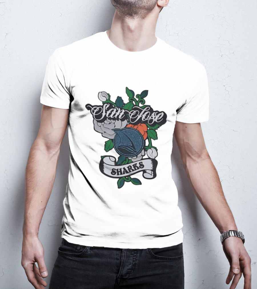 San Jose Sharks Floral Tattoo Style Team T-Shirt