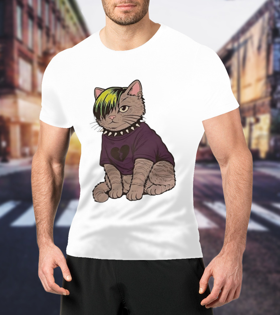 Emo Scene Cat With Heart Break Symbol And Spiked Collar T-Shirt