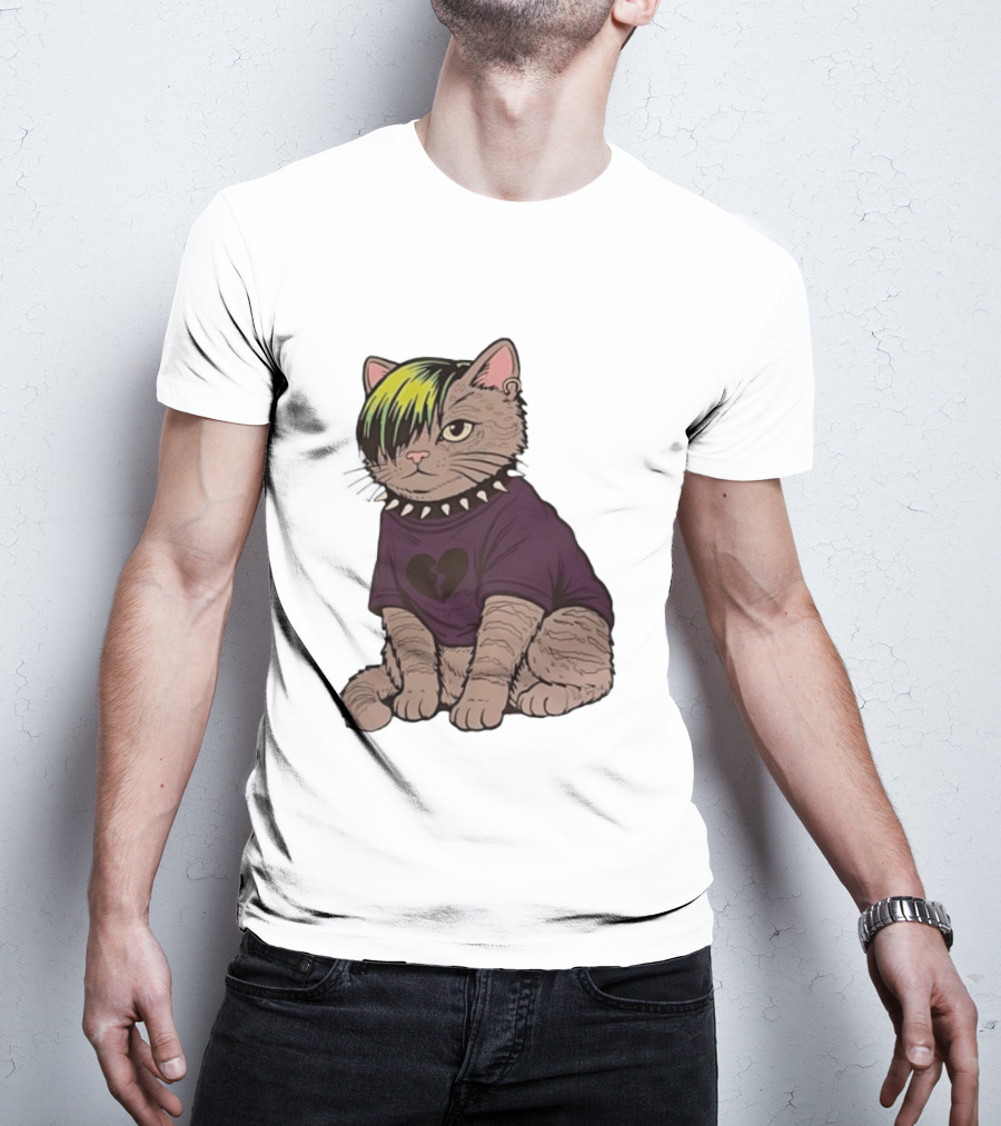 Emo Scene Cat With Heart Break Symbol And Spiked Collar T-Shirt