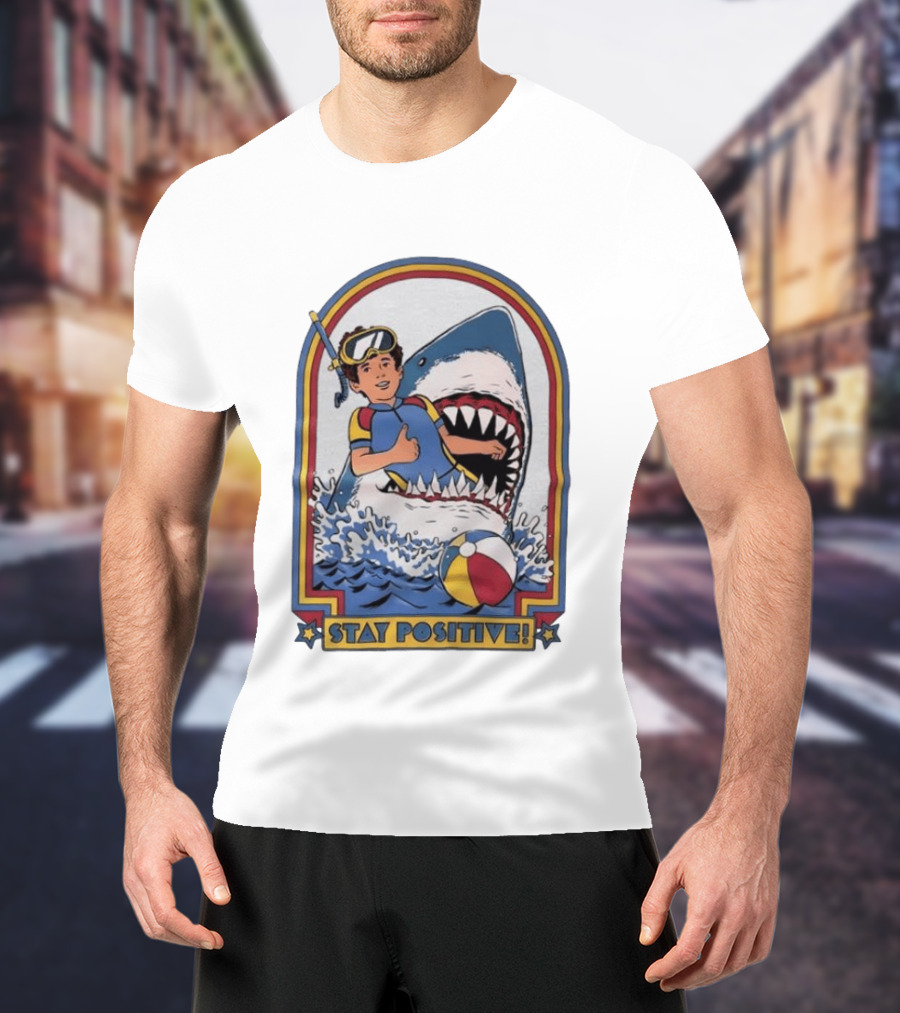 Stay Positive Scuba Boy In Great White Shark Mouth With Beach Ball T-Shirt