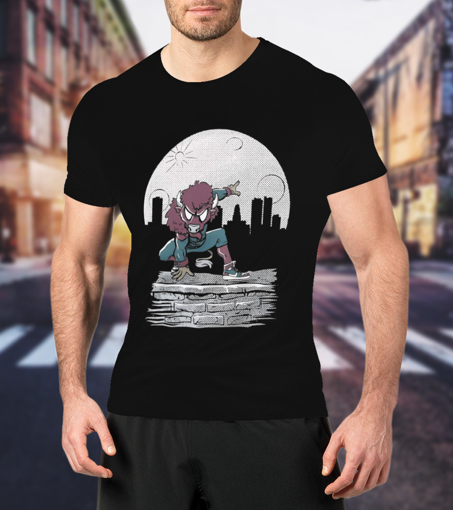 Bison Be A Hero Buffalo Bills Cityscape Dynamic Pose T-Shirt