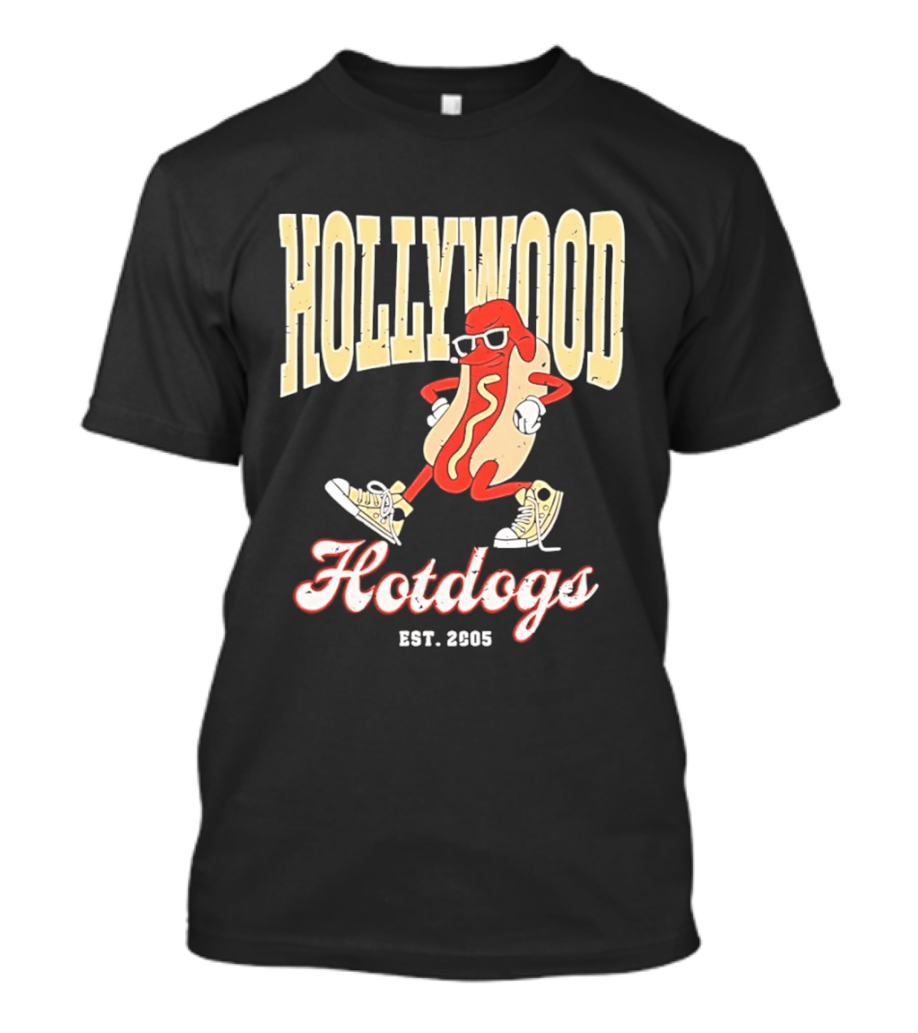 Hollywood Hotdogs Cool Mustard Character With Sunglasses Est 2005 T-Shirt