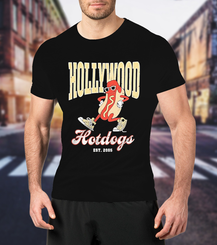 Hollywood Hotdogs Cool Mustard Character With Sunglasses Est 2005 T-Shirt