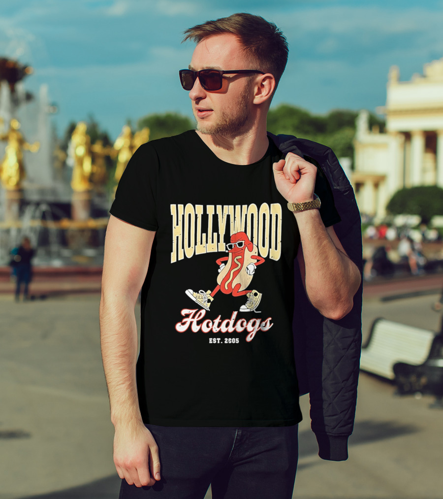 Hollywood Hotdogs Cool Mustard Character With Sunglasses Est 2005 T-Shirt