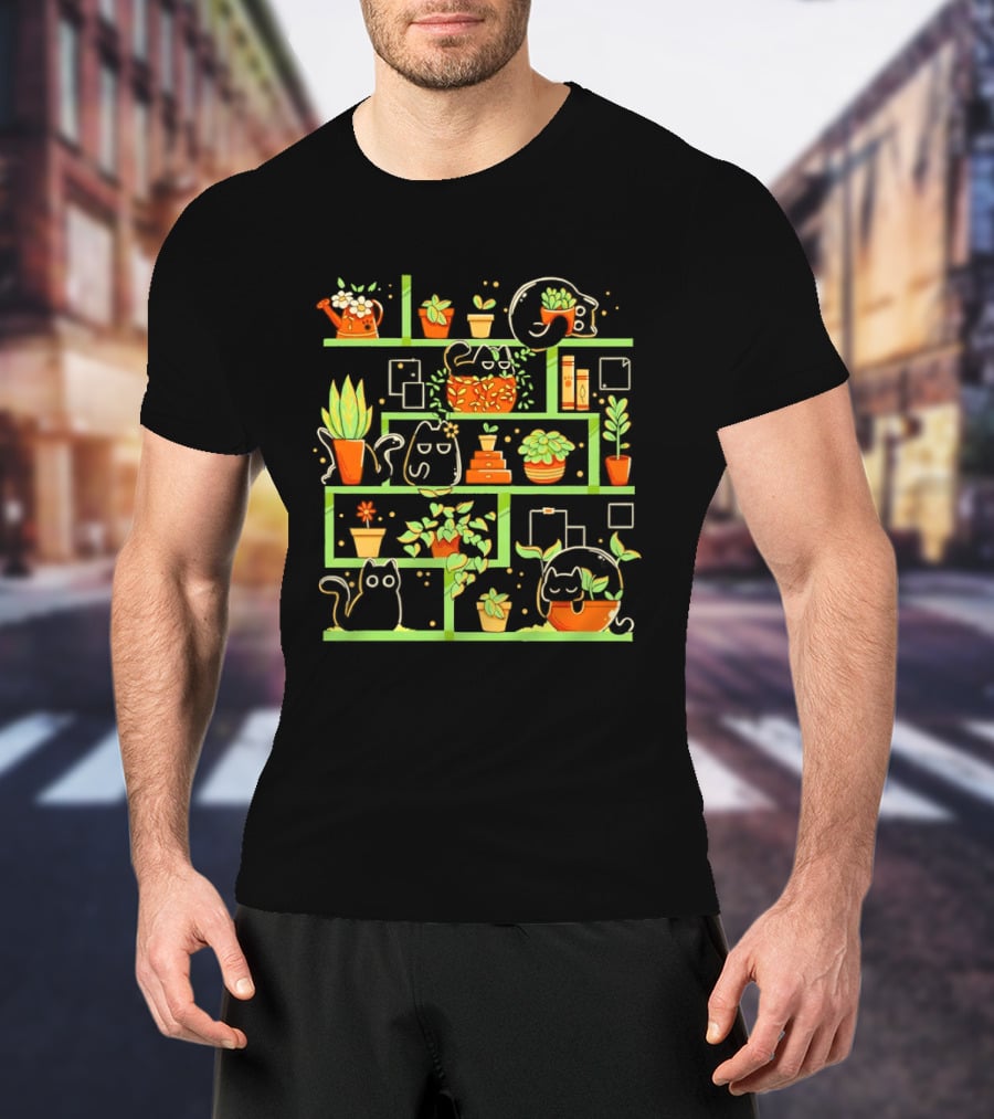 Kitten Garden Shelving With Plants And Teapots T-Shirt