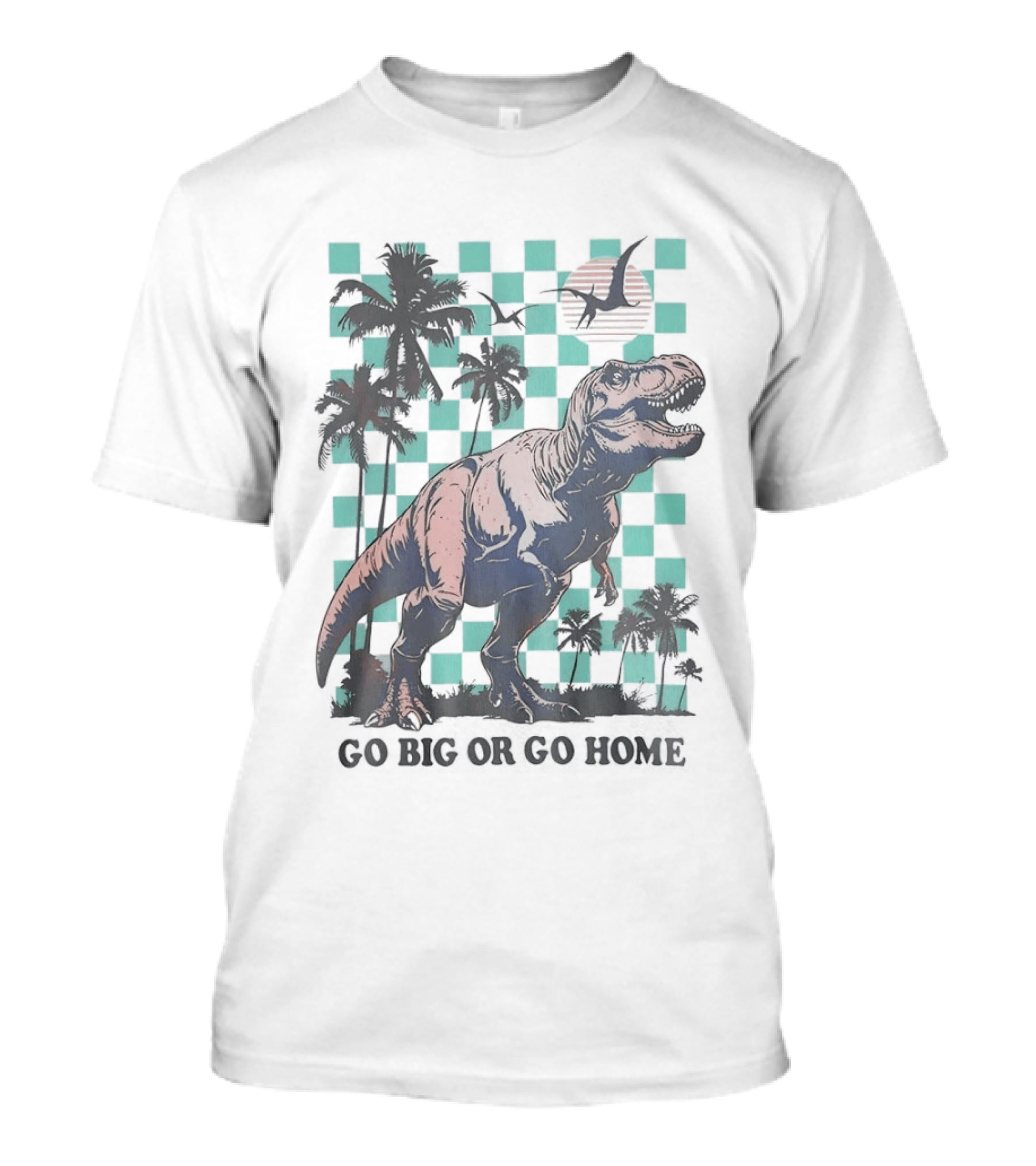 Tyrannosaurus Rex Go Big Or Go Home Palm Trees Checkerboard Sunset T-Shirt