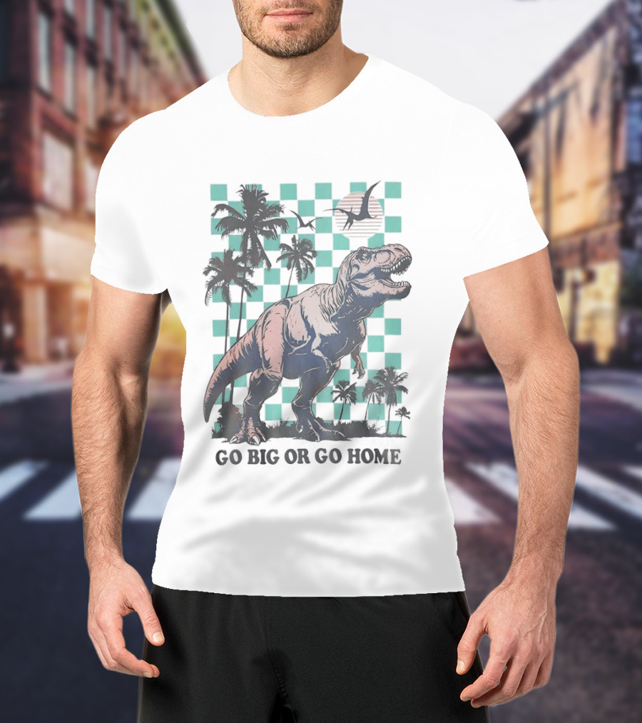 Tyrannosaurus Rex Go Big Or Go Home Palm Trees Checkerboard Sunset T-Shirt