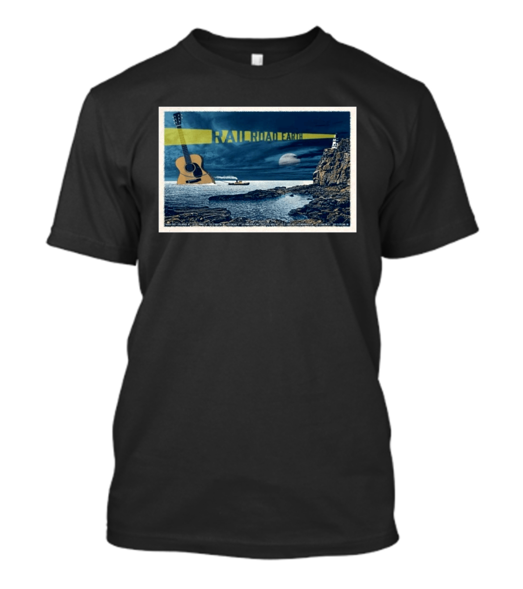 Railroad Earth March 10 2026 Tour Omaha NE Lighthouse Guitar Moonlit Ocean Scene T-Shirt