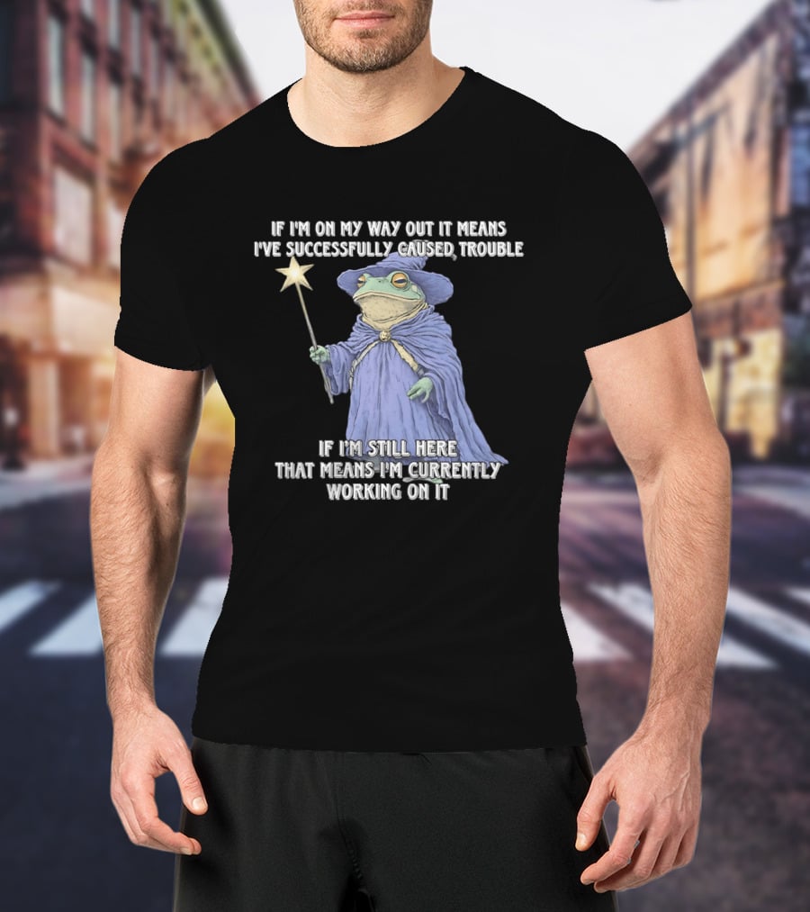 Wizard Frog If I'm On My Way Out It Means I've Successfully Caused Trouble If I'm Still Here That Means I'm Currently Working On It T-Shirt