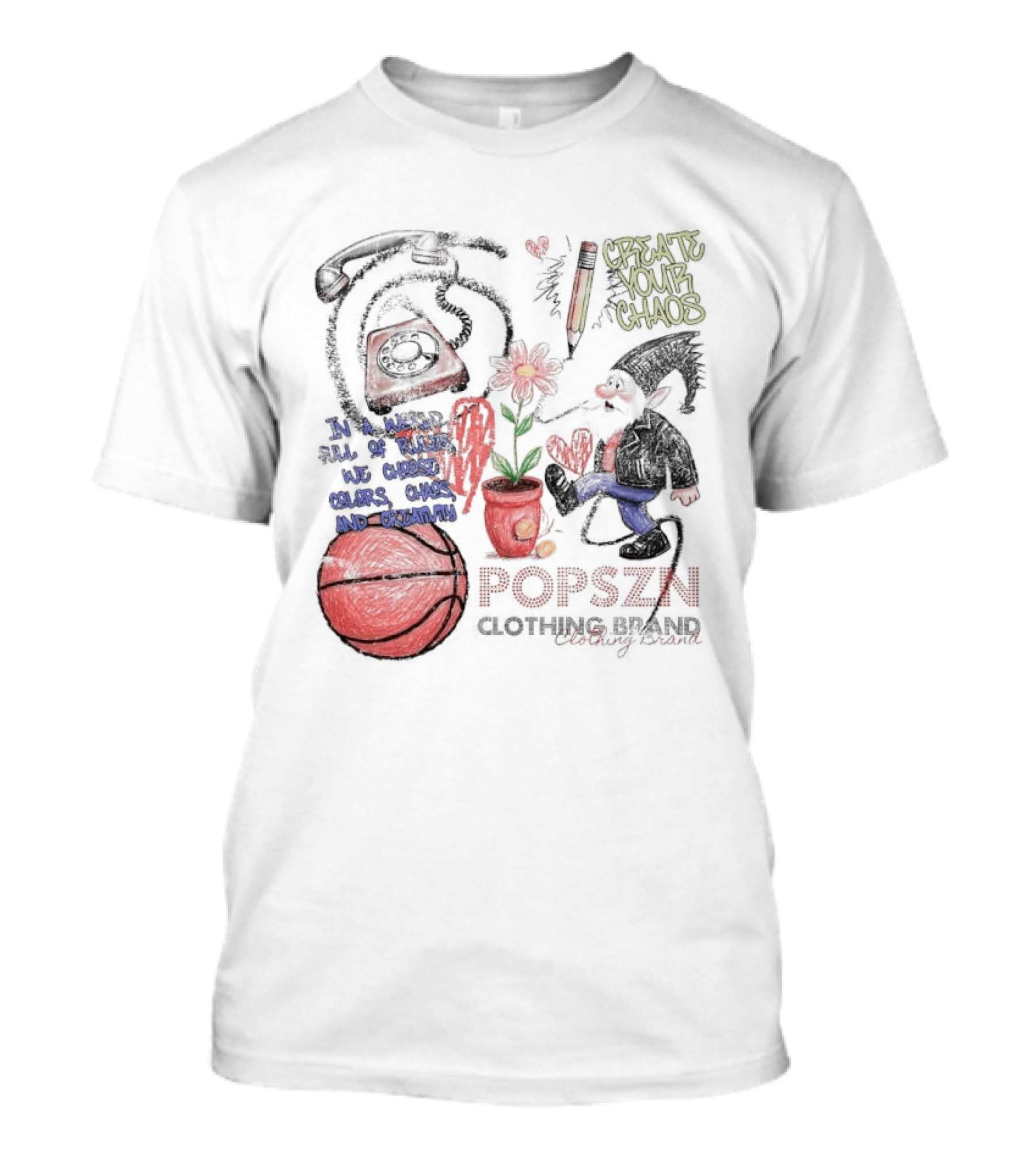 Popszn Create Your Chaos Basketball Gnome And Vintage Phone With Heart Flower T-Shirt