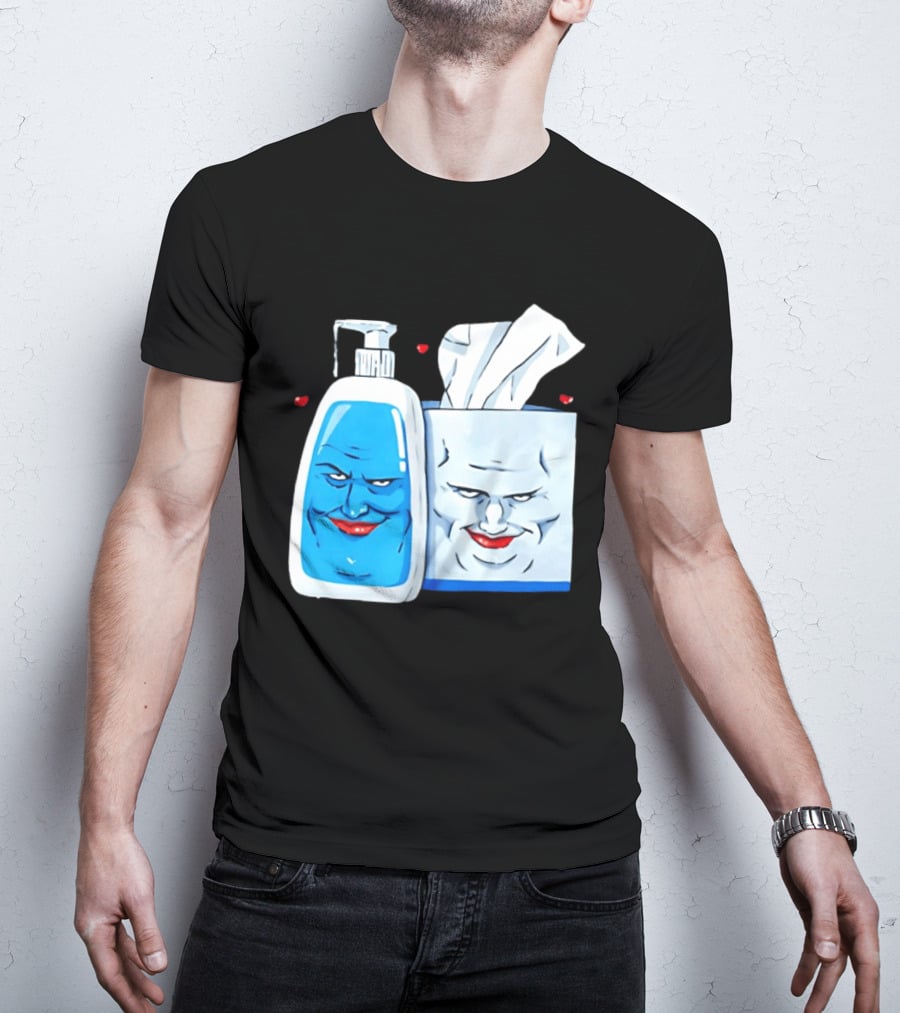 Smiling Blue Lotion Bottle And Tissue Box Meme With Red Lips And Hearts T-Shirt
