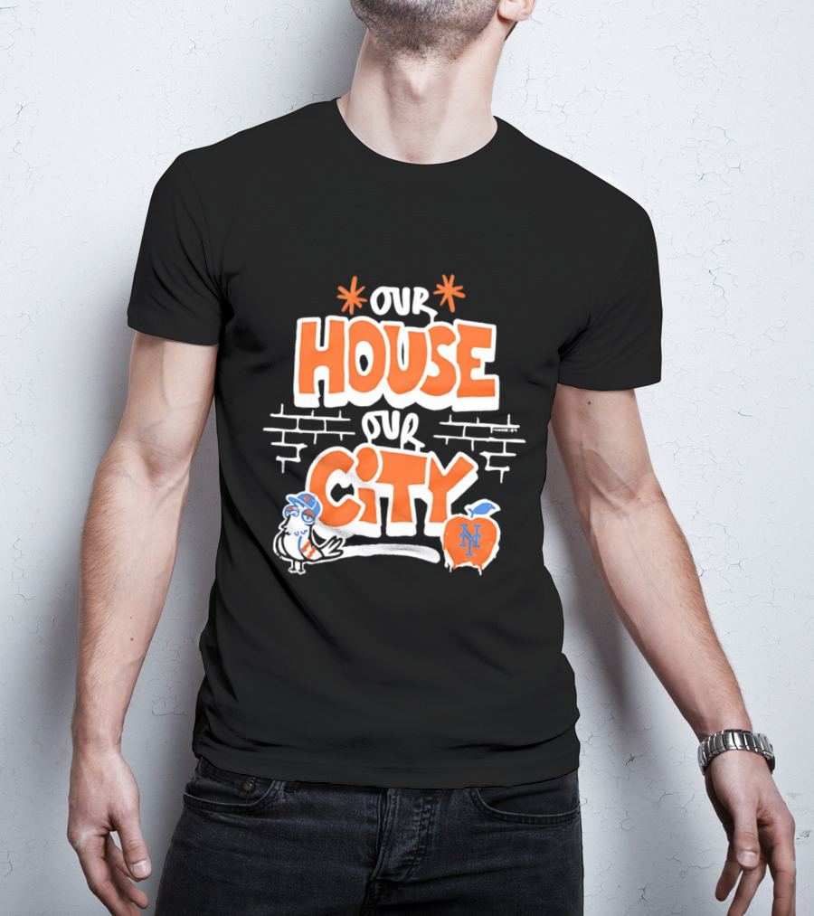 New York Mets Our House Our City Team Logo Pigeon And Apple T-Shirt