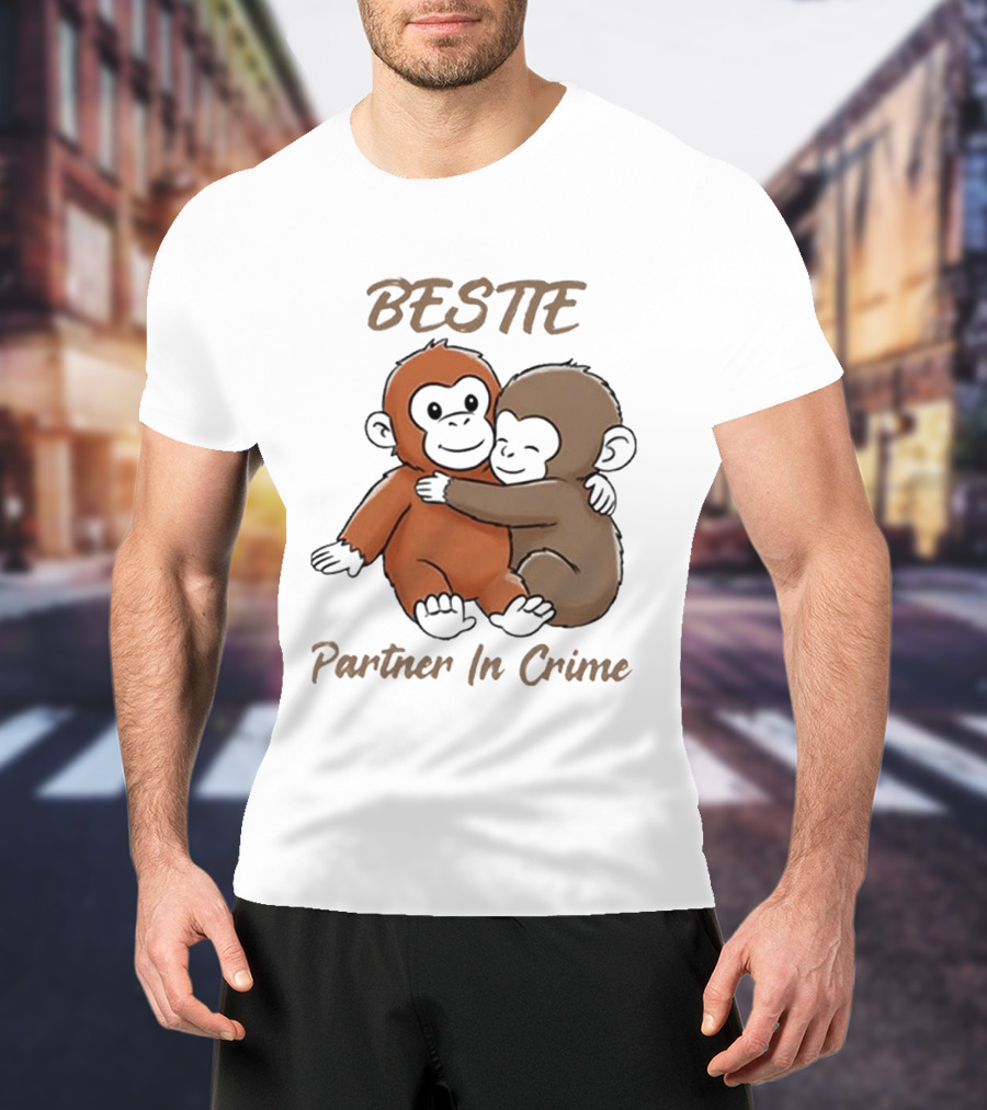 Bestie Partner In Crime Cute Monkey Hug Friendship T-Shirt