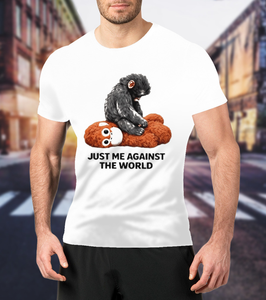 JUST ME AGAINST THE WORLD Gorilla Plush Toy Sitting On Panda T-Shirt