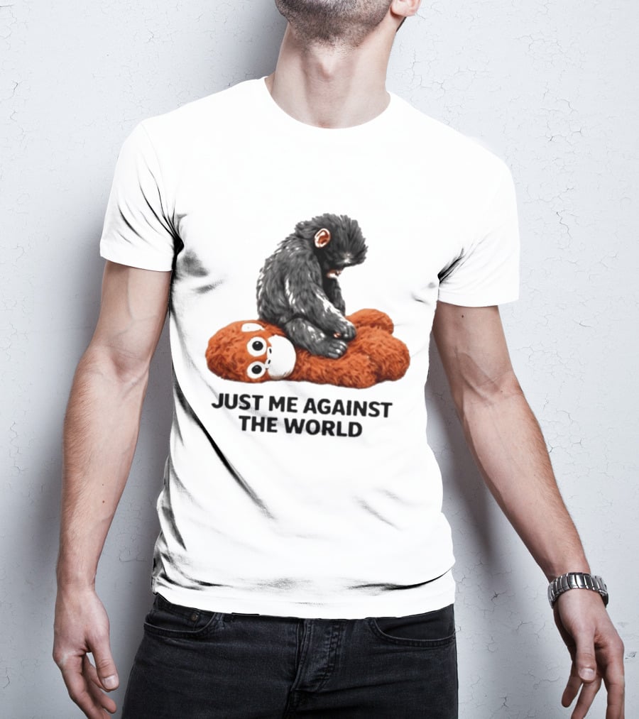 JUST ME AGAINST THE WORLD Gorilla Plush Toy Sitting On Panda T-Shirt