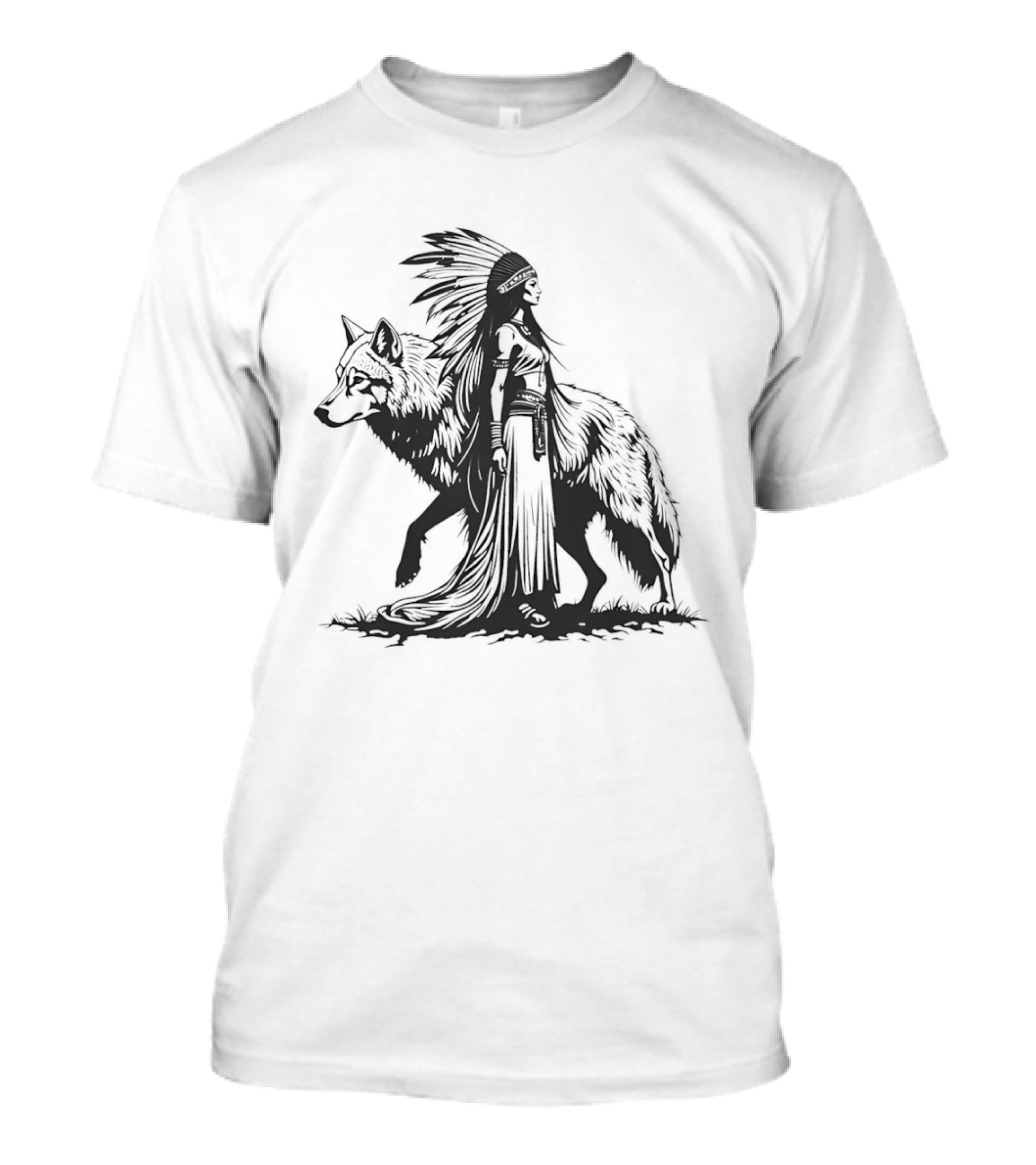 Native Woman And Wolf Connection Tribal Spirit Headdress T-Shirt